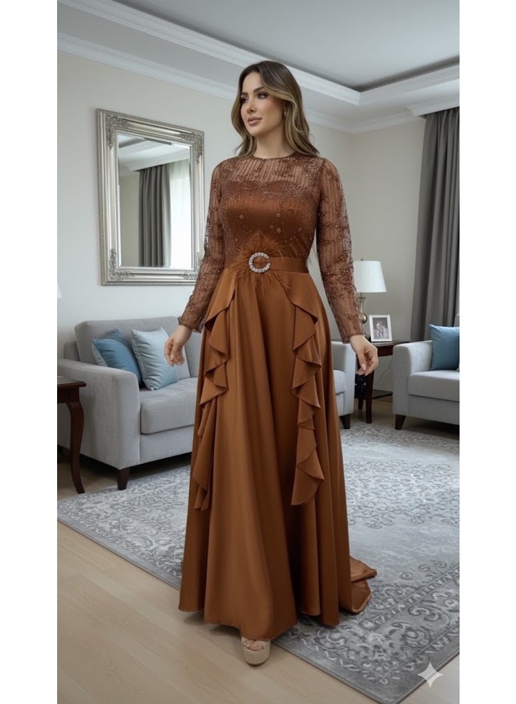 FULL JOY Elegant Maxi Dress with Sheer Lace Bodice, Long Sleeves And Waist Belt,Fashion Dress. - Image 1